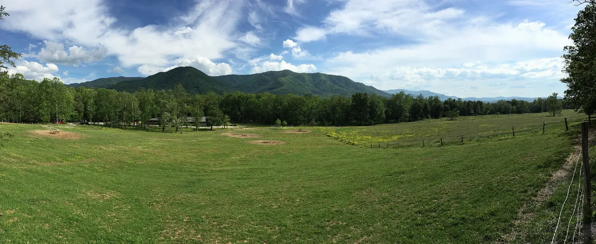 2017-05-17 16 58 18 Panoramic view south and west from the Cades Cove Loop Road near the east end of Cades Cove in Great Smoky Mountains National Park, within Blount County, Tennessee