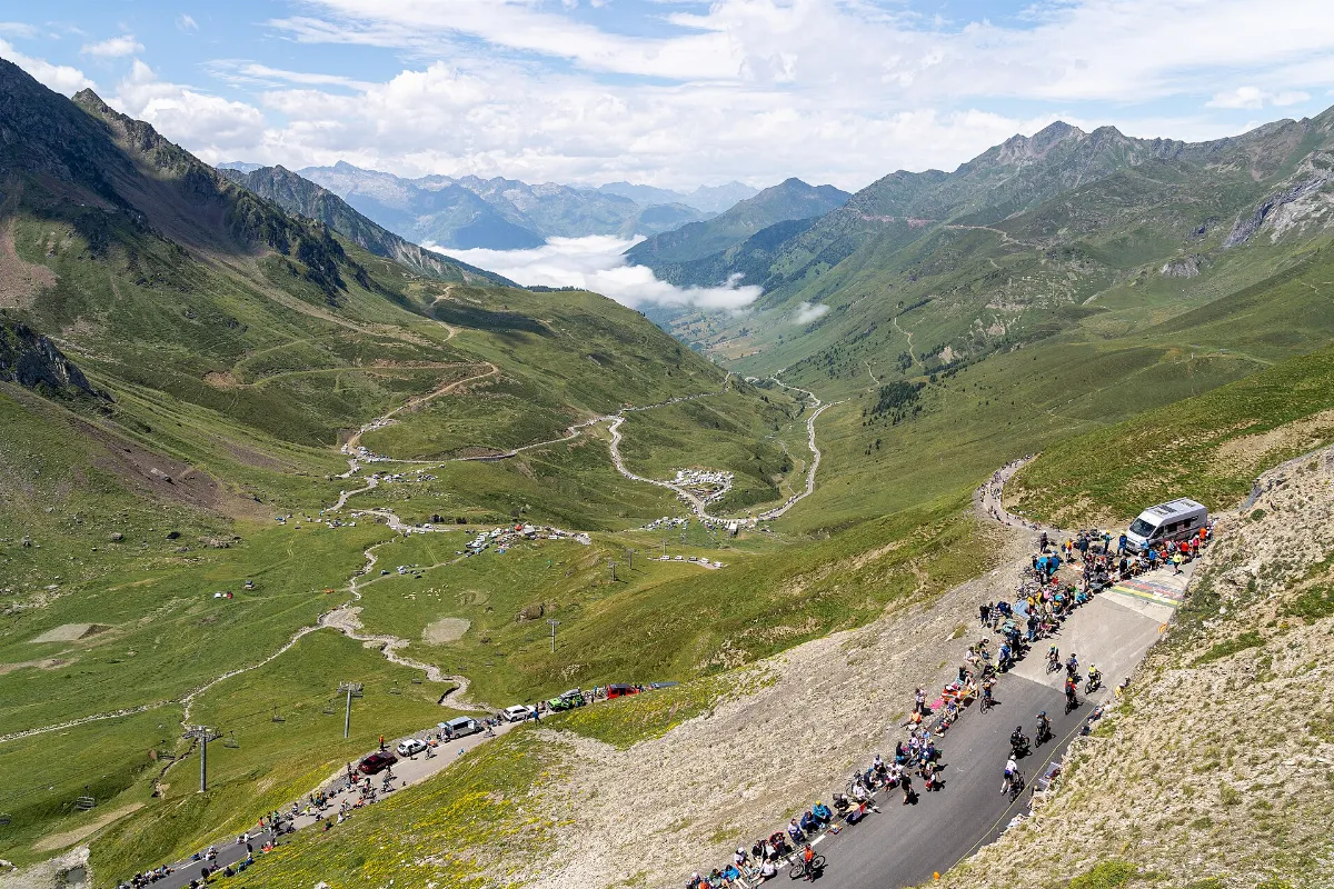 View from the top of the Tourmalet pass at stage 14 of TDF 2024