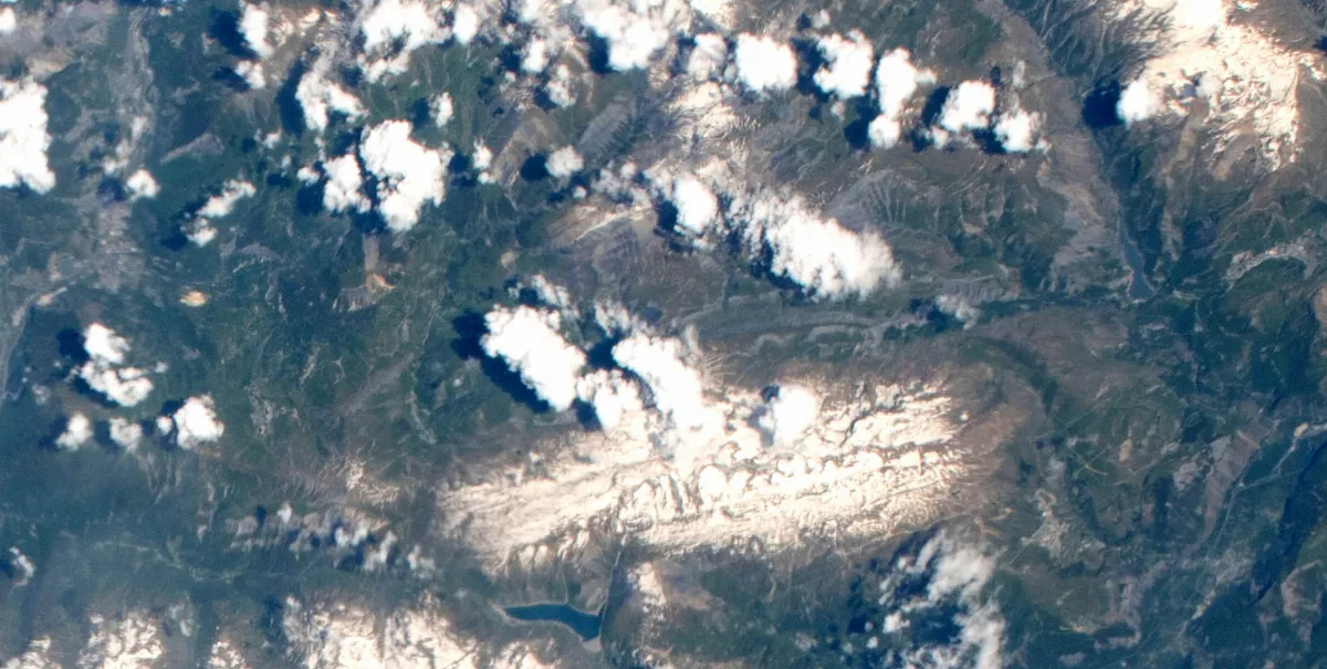 ISS059-E-113973 - View of France - Grandes Rousses - Les Sûres - Lac du Chambon - Alpe d'Huez - Sarenne Valley - Col de Sarenne - Lac de Grand Maison - Col de la Croix de Fer - Mont Charvin - Saint-Jean-de-Maurienne (cropped)