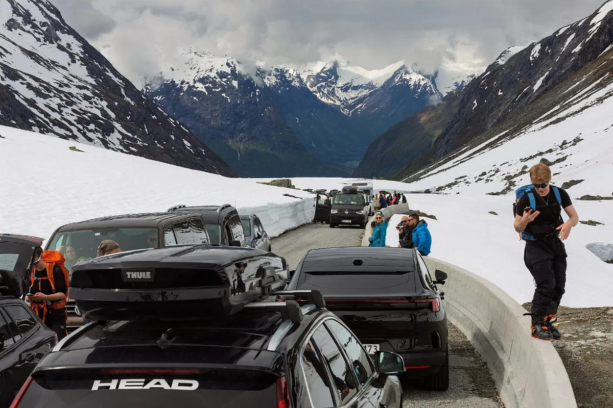 Congested Gamle Strynefjellsvegen in Stryn, Vestland, Norway, 2025 May
