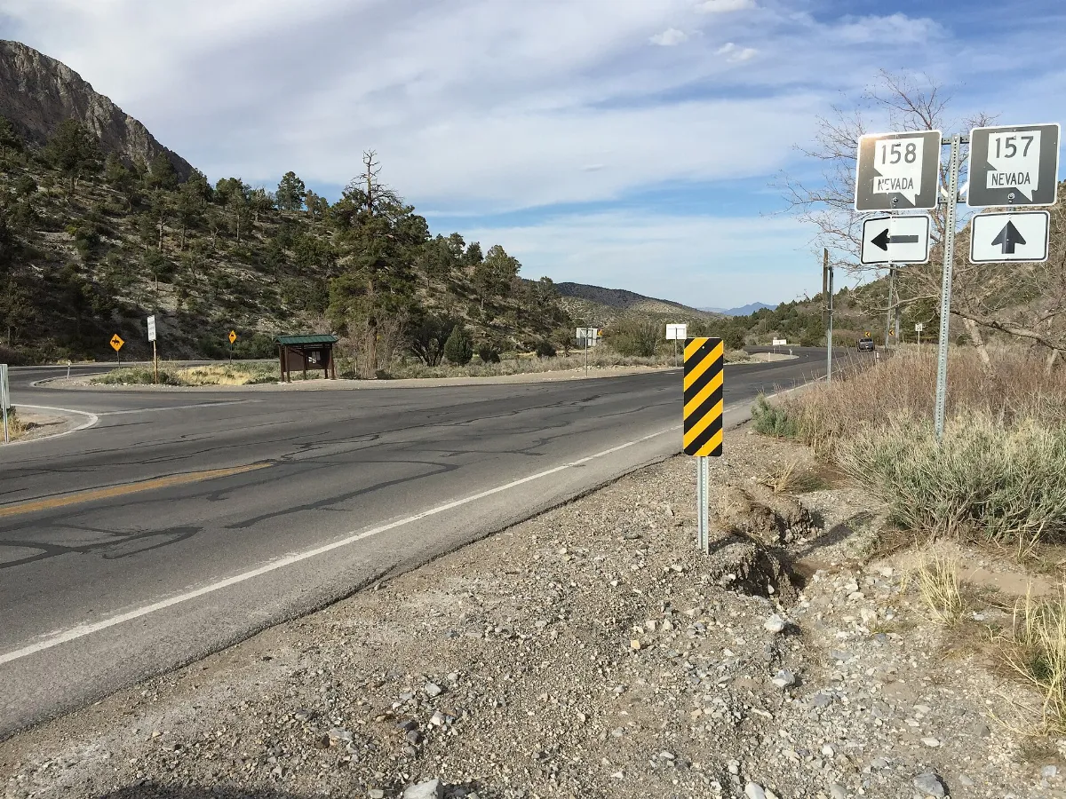 2015-04-30 17 11 09 View east along Kyle Canyon Road (Nevada State Route 157) at the junction with Deer Creek Road (Nevada State Route 158) in Mount Charleston, Nevada