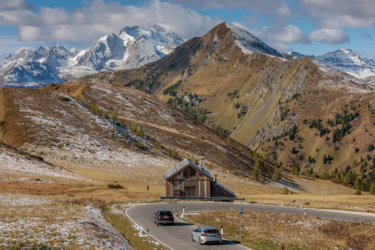 SP638 road at Passo Giau with Marmolada and Monte Pore, Colle Santa Lucia, Veneto, Italy, 2025 October