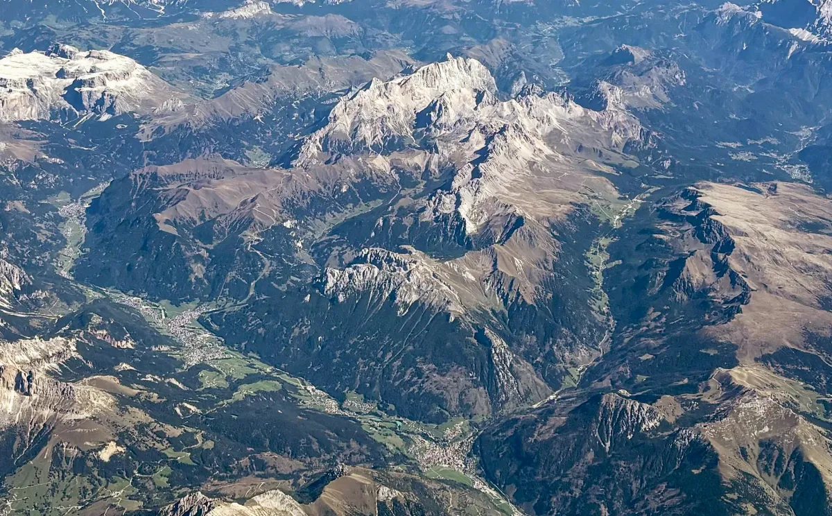 Fassa Valley (Fassatal - Val di Fassa), San Giovanni di Fassa, Moena, Valle di San Pellegrino, Marmolada group, Punta Vallaccia, Catena dell'Auta, Falcade, Passo San Pellegrino, Catena di Bocche - Dolomites aerial 2026 (cropped)