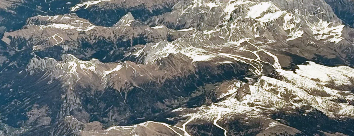 Val di Fassa - Fassatal, Moena aerial view, Valle di San Pellegrino, Punta Vallaccia, Cima Valinverno (Monzoni-Vallaccia group), Monte Colac (cropped)