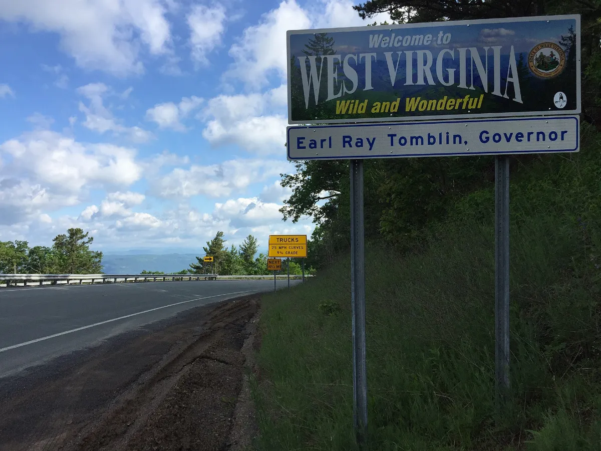 2016-06-06 08 52 55 Welcome to West Virginia sign along westbound U.S. Route 33 (Blue Gray Trail) entering Pendleton County, West Virginia from Rockingham County, Virginia