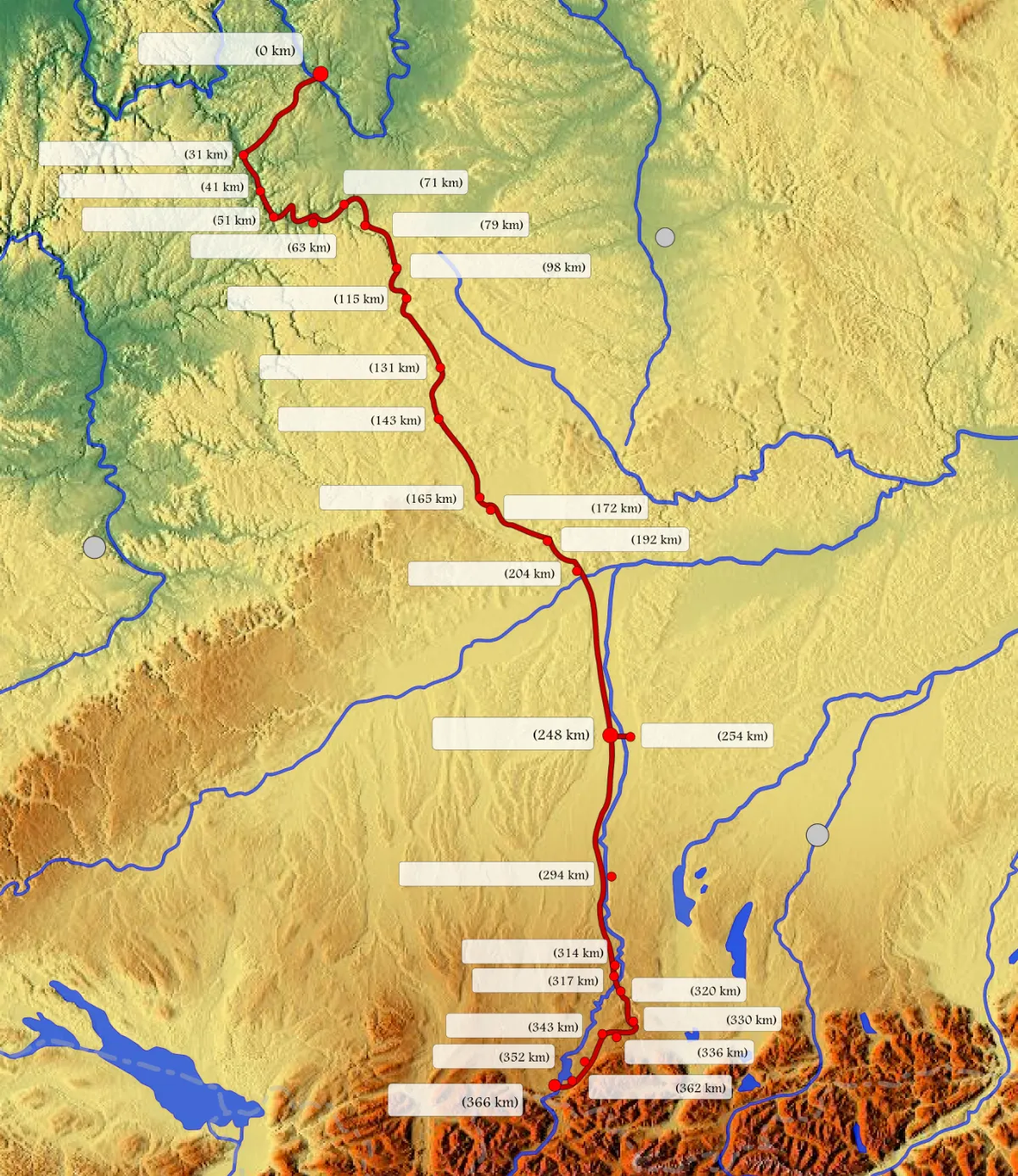 The Romantic Road in Germany (blank map)