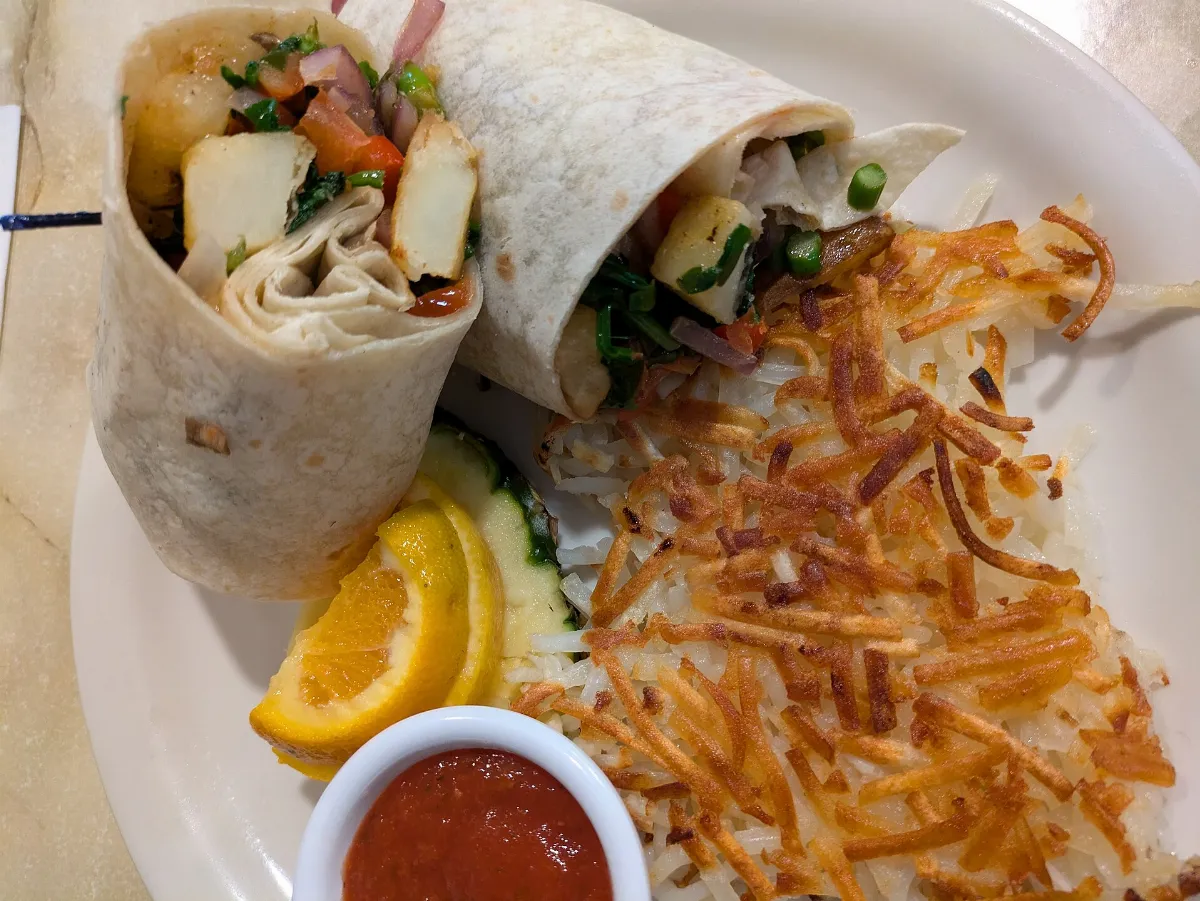 Vegan breakfast burrito at Bell Tower Cafe