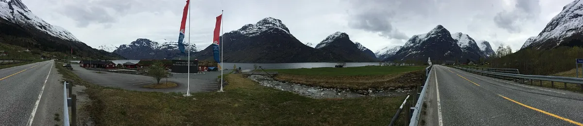 Panorama04 Jostedalsbreen Nasjonalparksenter Oppstrynsvatnet Riksvei 15 Norway 2015-05-04