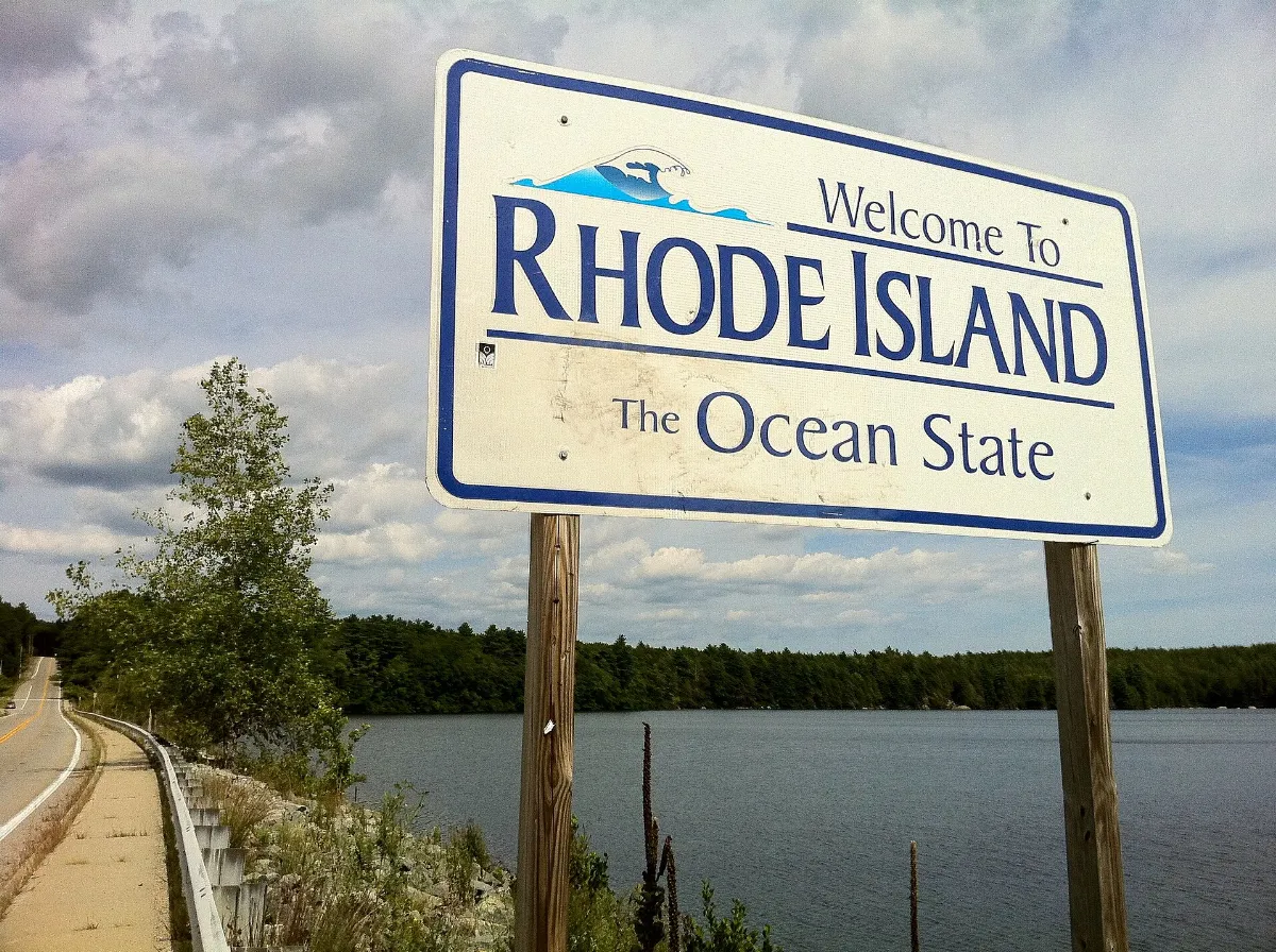 Pachaug Trail - "Welcome to Rhode Island sign" at Beach Pond, Hope Valley, RI