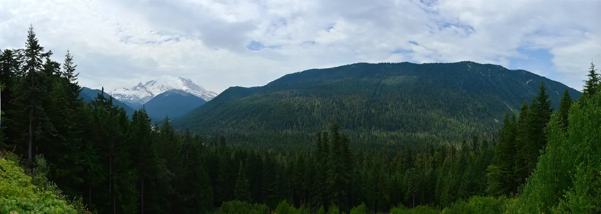 Looking toward Mount Rainier along White River from Washington SR 410 just south of the road to Sunrise - pano 01