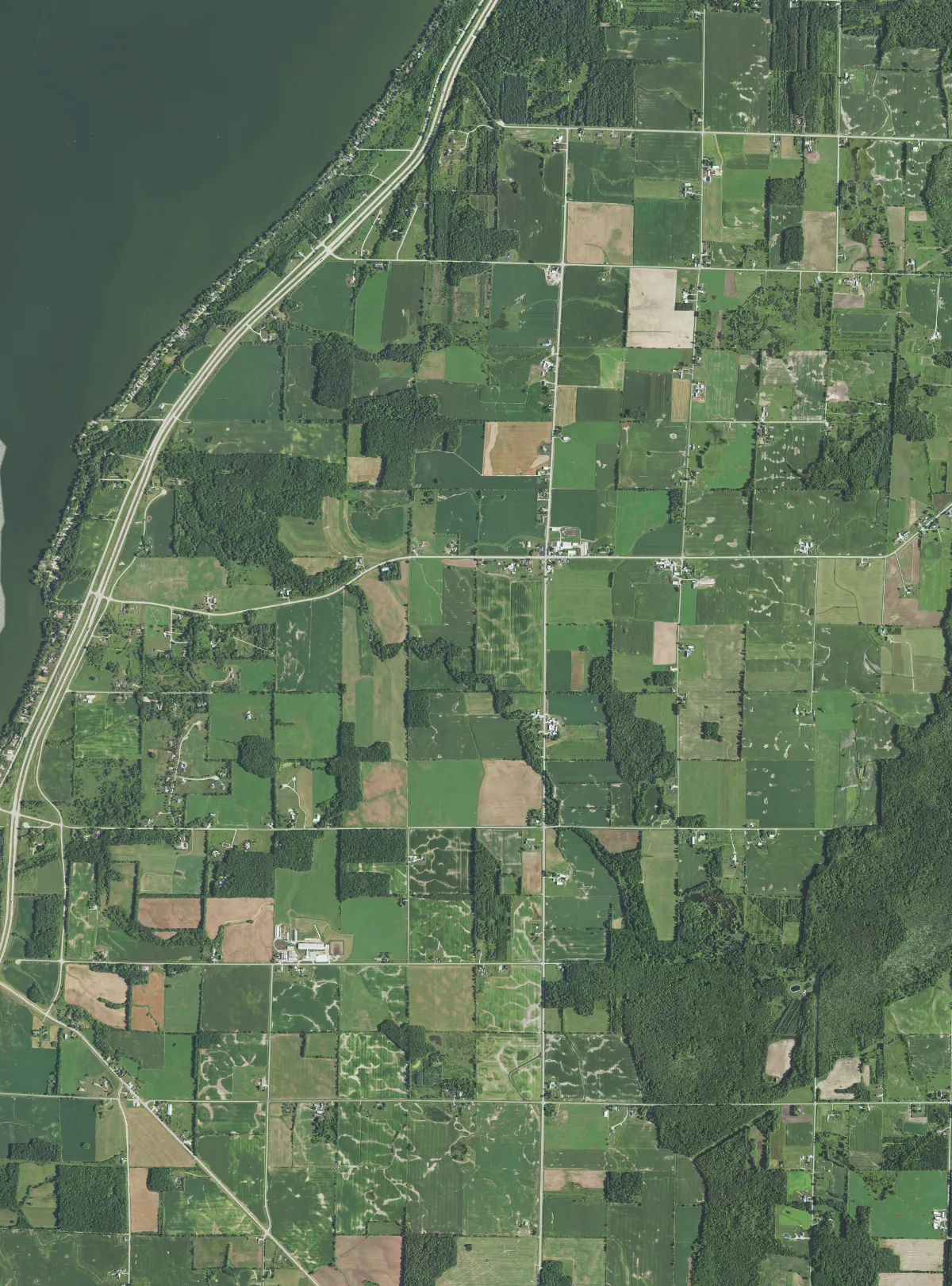 Aerial view of the community of Duvall in northwestern Red River in Kewaunee County and also southwestern Union in Door County, Wisconsin 2020