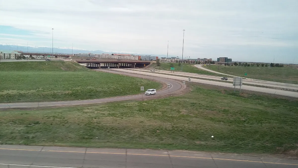View from RTD commuter train, I-70 flyover, (3), Airport Blvd interchange, A-Line opening