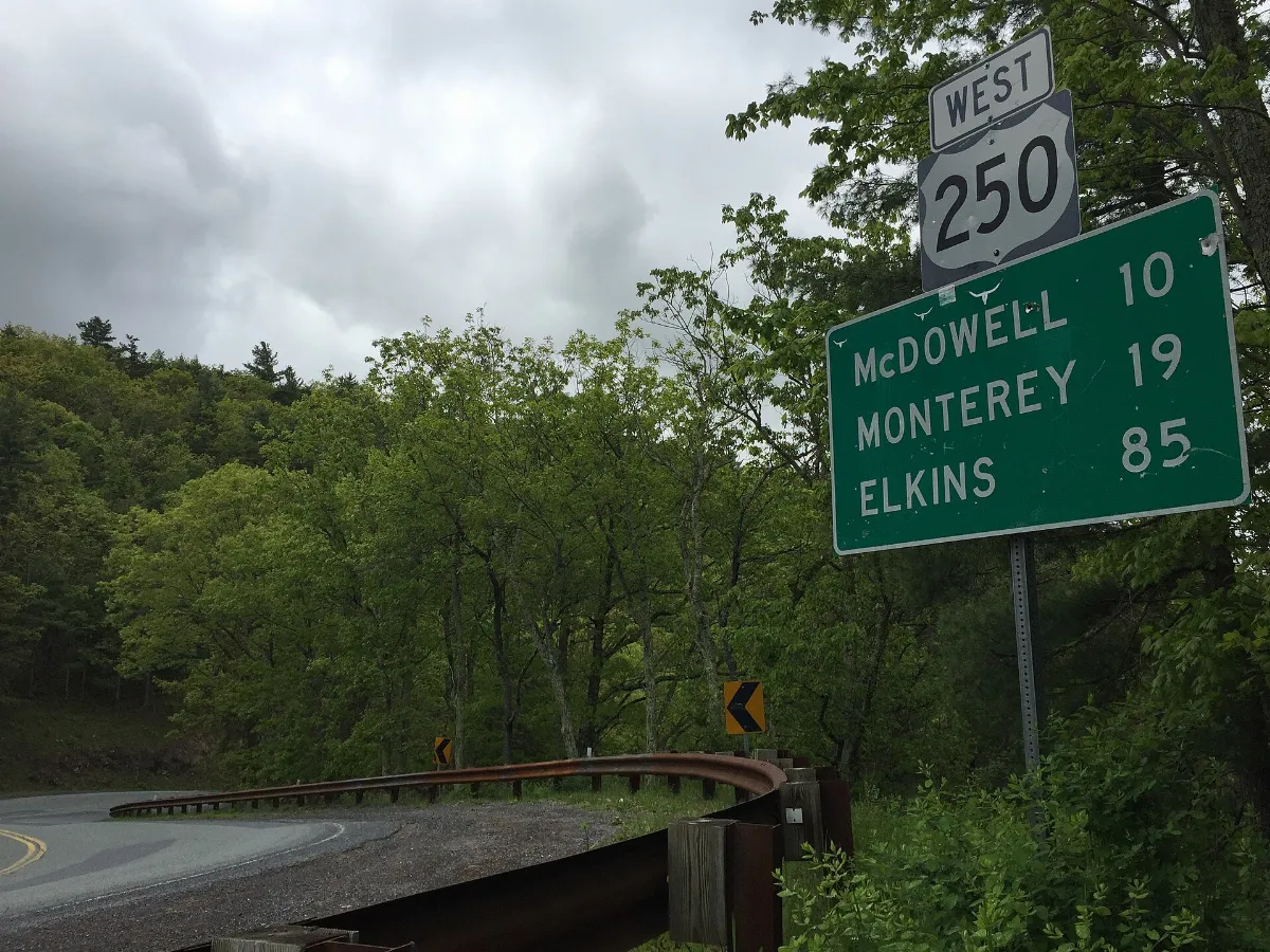 2016-05-19 12 25 09 View west along the Highland Turnpike (U.S. Route 250) descending Shenandoah Mountain in eastern Highland County, Virginia