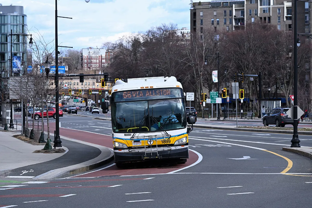Northbound MBTA 66 bus turning off Route 9 near Brookline Village Mar 2025