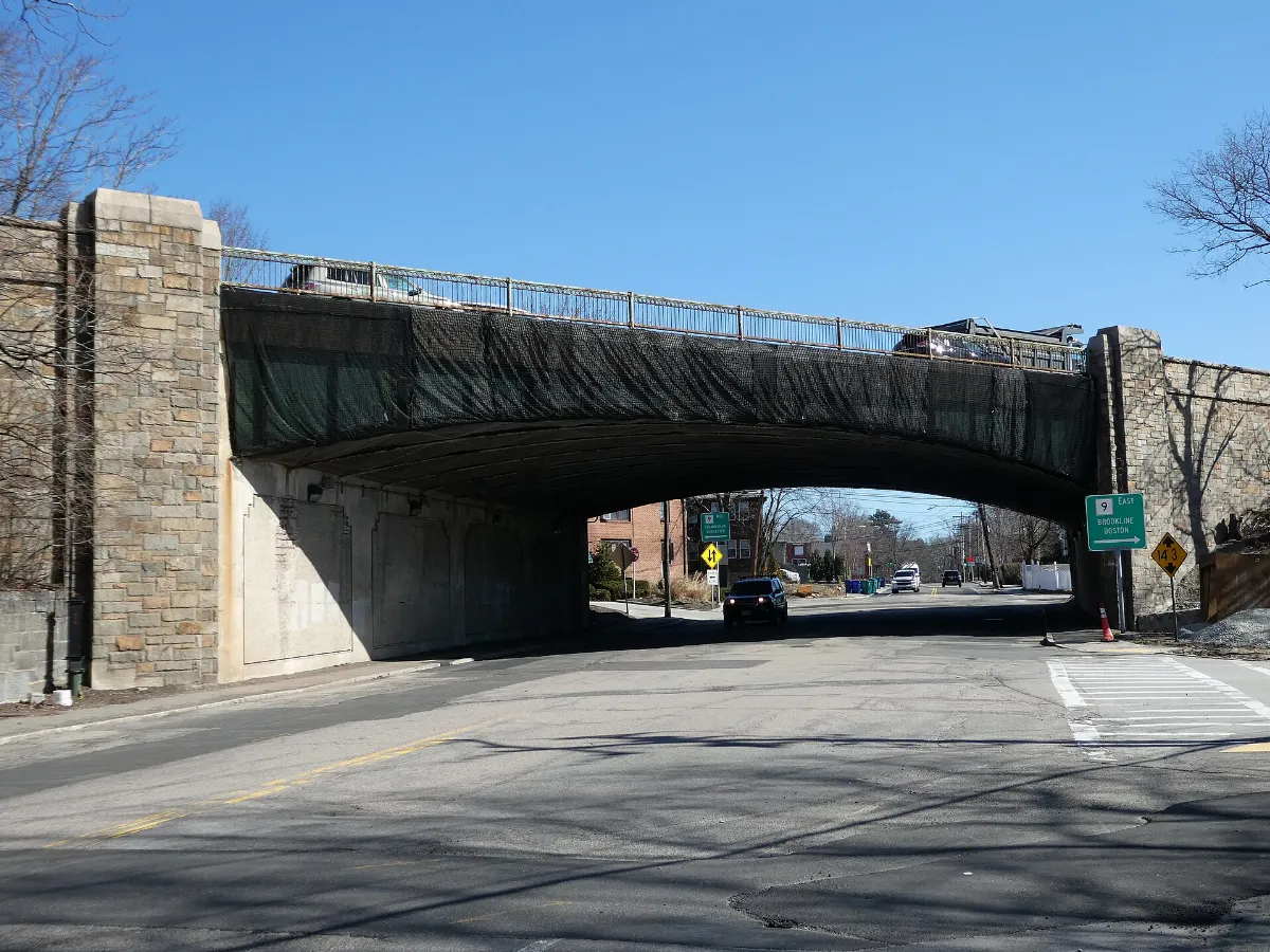Route 9 bridge over Winchester Street in Newton Highlands, March 2022