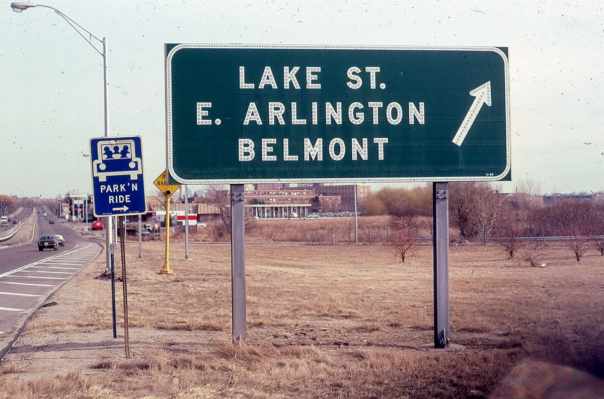 Sign for the Lake Street exit on eastbound Route 2, circa 1980s