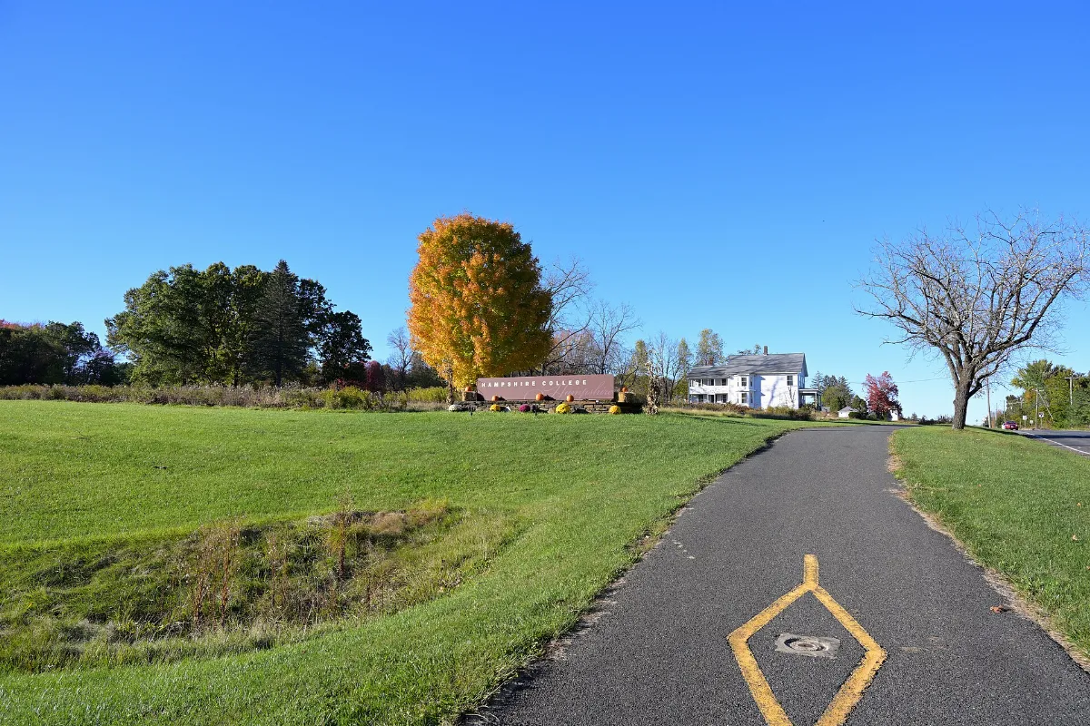 Hampshire College sign on Kendall Drive and route 116 October 2025