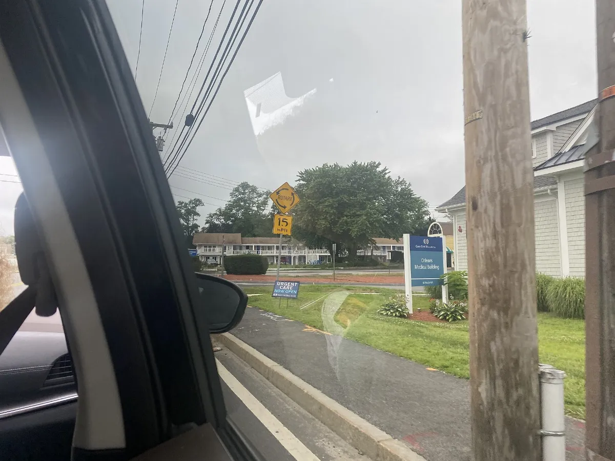 Orleans Massachusetts, roundabout warning road sign reading 'rotary'