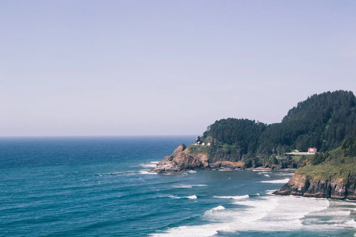 Heceta Head Lighthouse under renovation, seen from U.S. Route 101