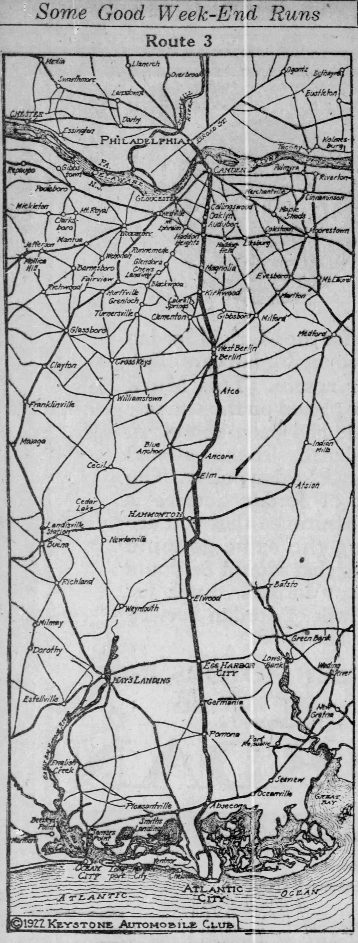 Map of White Horse Pike from Philadelphia to Altlantic City, NJ