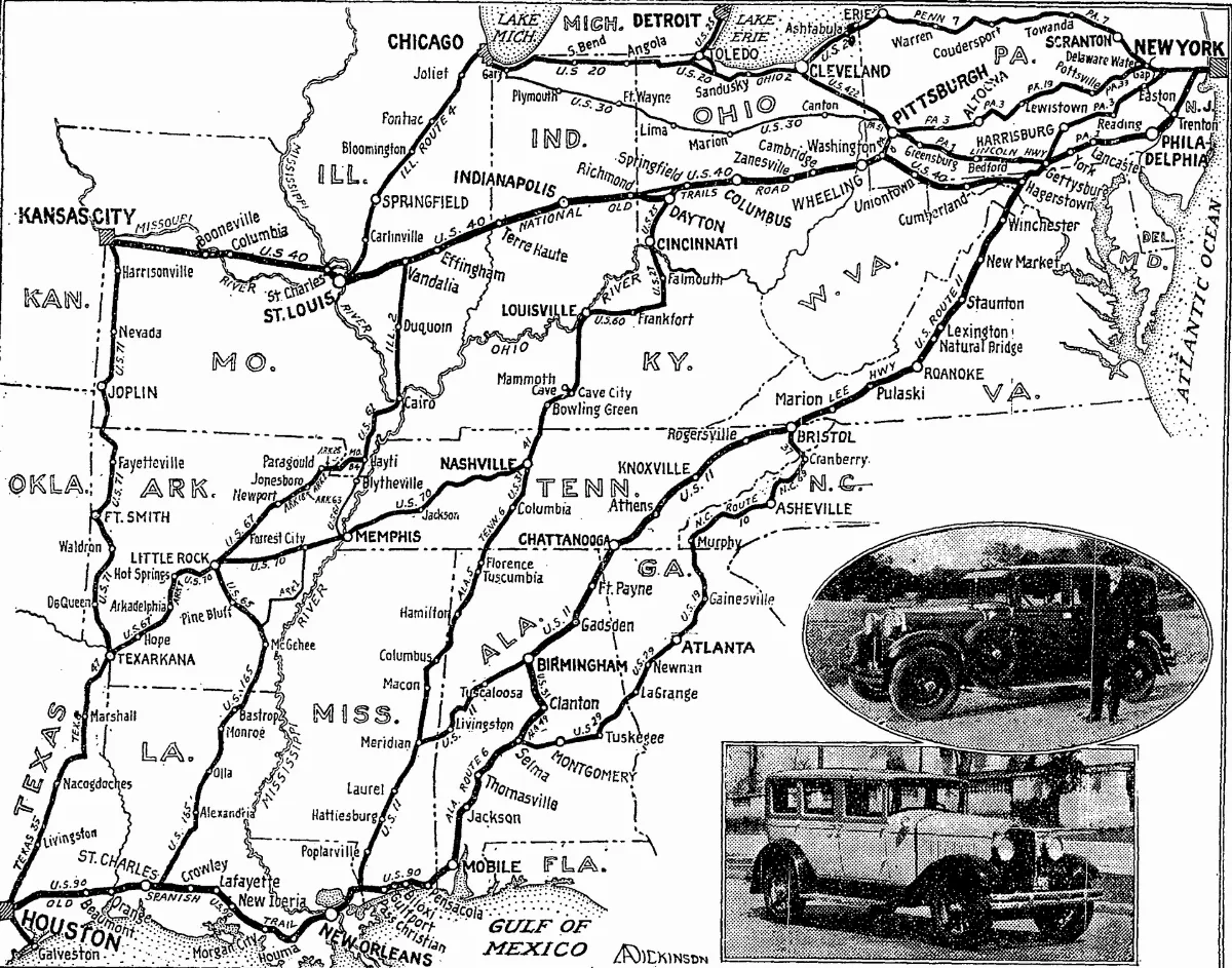 Map showing major roads between NYC, Kansas City, and Houston, 1928 NYT