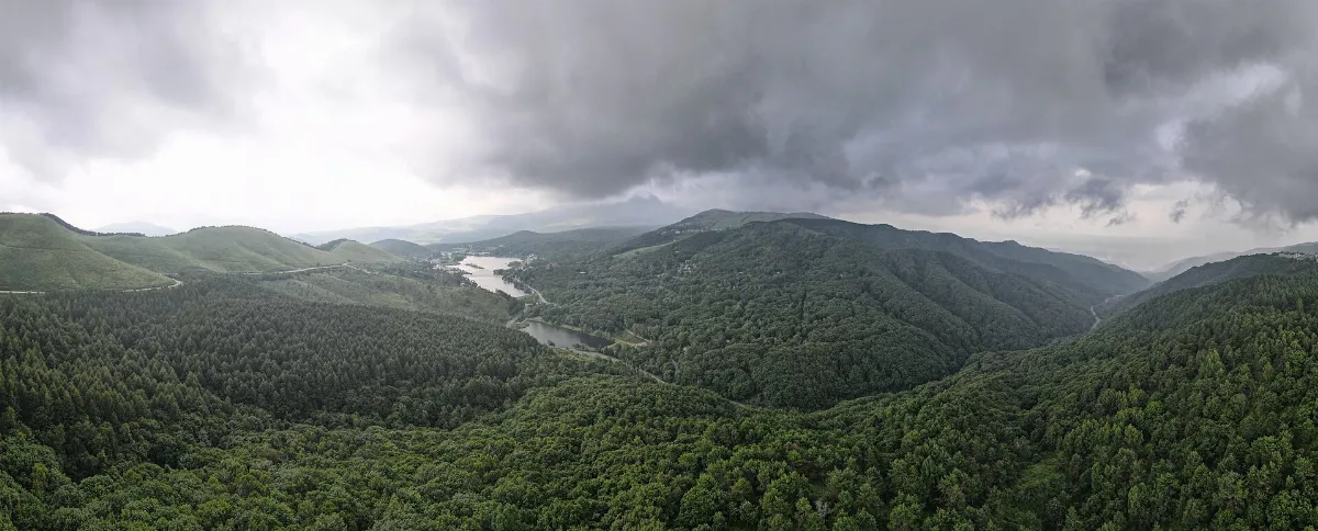 Drone panorama of Shirakaba Lake, Nagano Prefecture