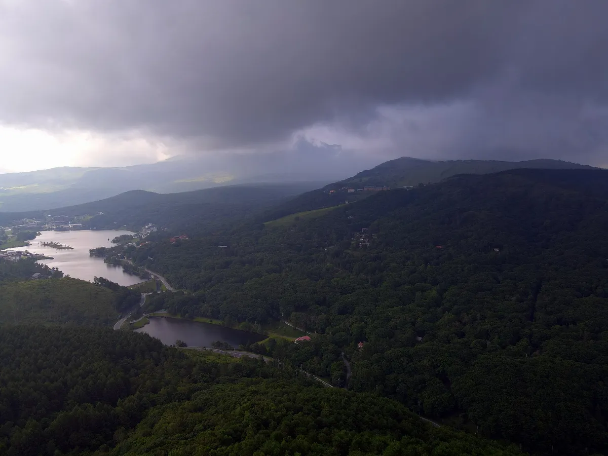 Drone shot of Shirakaba Lake, Nagano Prefecture